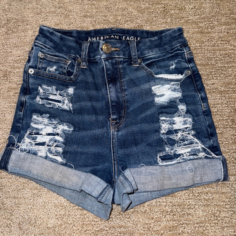 American Eagle Outfitters Women's Ripped Jean Shorts - Dark Blue
